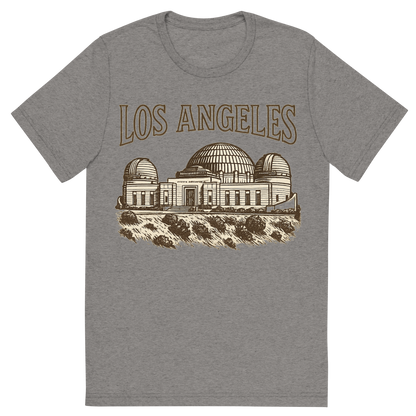 Front view of a Premium Tri-Blend Crew Neck T-Shirt in Grey showing 'A typographic, nostalgic graphic of a typographic illustration of the words 'los angeles' with a vintage line art drawing of the griffith observatory'