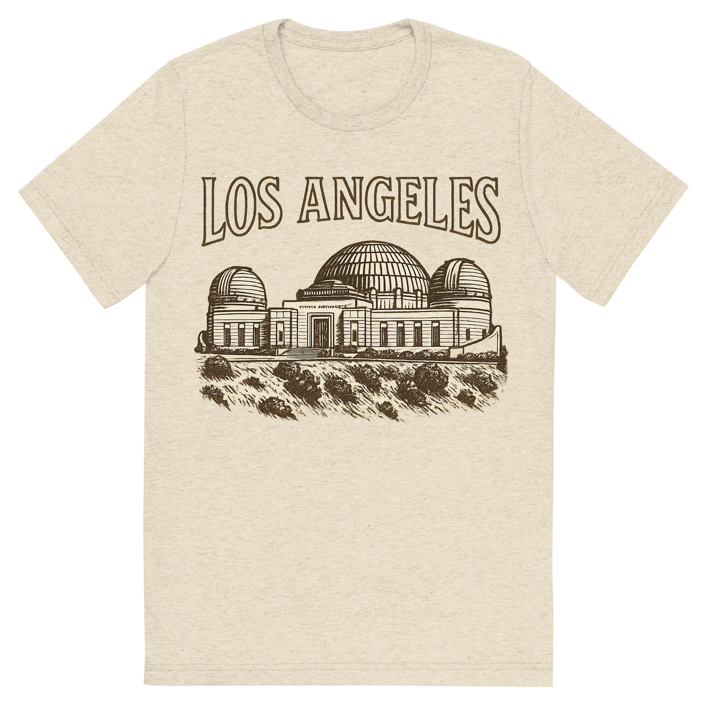 Front view of a Premium Tri-Blend Crew Neck T-Shirt in Oatmeal showing 'A typographic, nostalgic graphic of a typographic illustration of the words 'los angeles' with a vintage line art drawing of the griffith observatory'