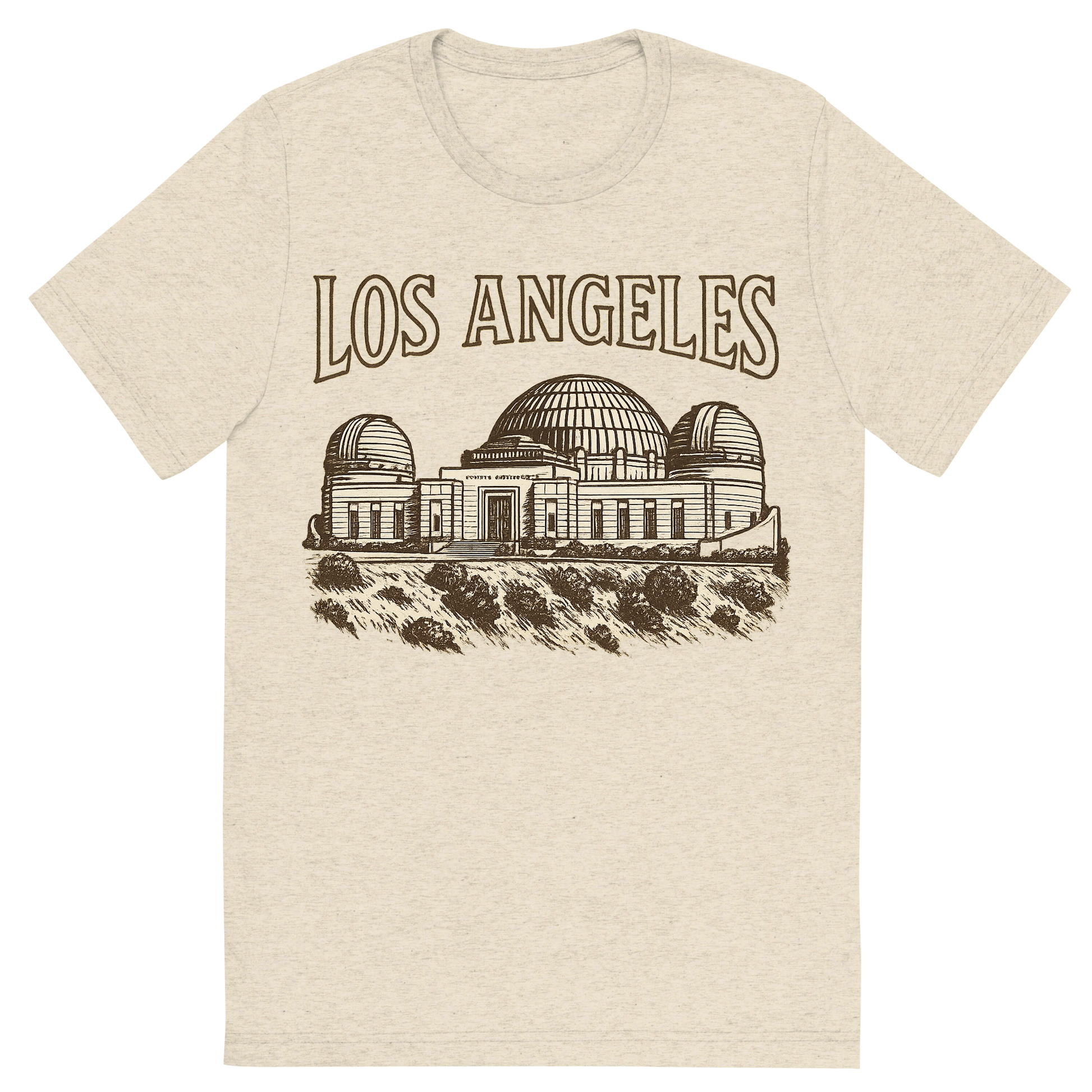 Front view of a Premium Tri-Blend Crew Neck T-Shirt in Oatmeal showing 'A typographic, nostalgic graphic of a typographic illustration of the words 'los angeles' with a vintage line art drawing of the griffith observatory'