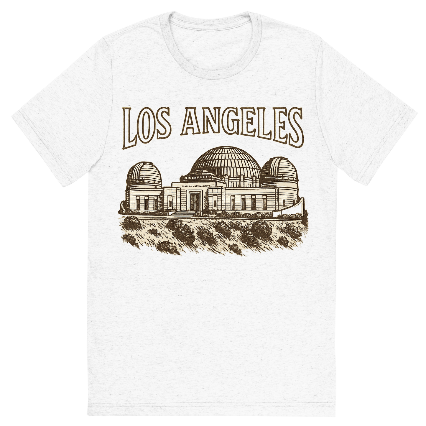 Front view of a Premium Tri-Blend Crew Neck T-Shirt in Solid White showing 'A typographic, nostalgic graphic of a typographic illustration of the words 'los angeles' with a vintage line art drawing of the griffith observatory'