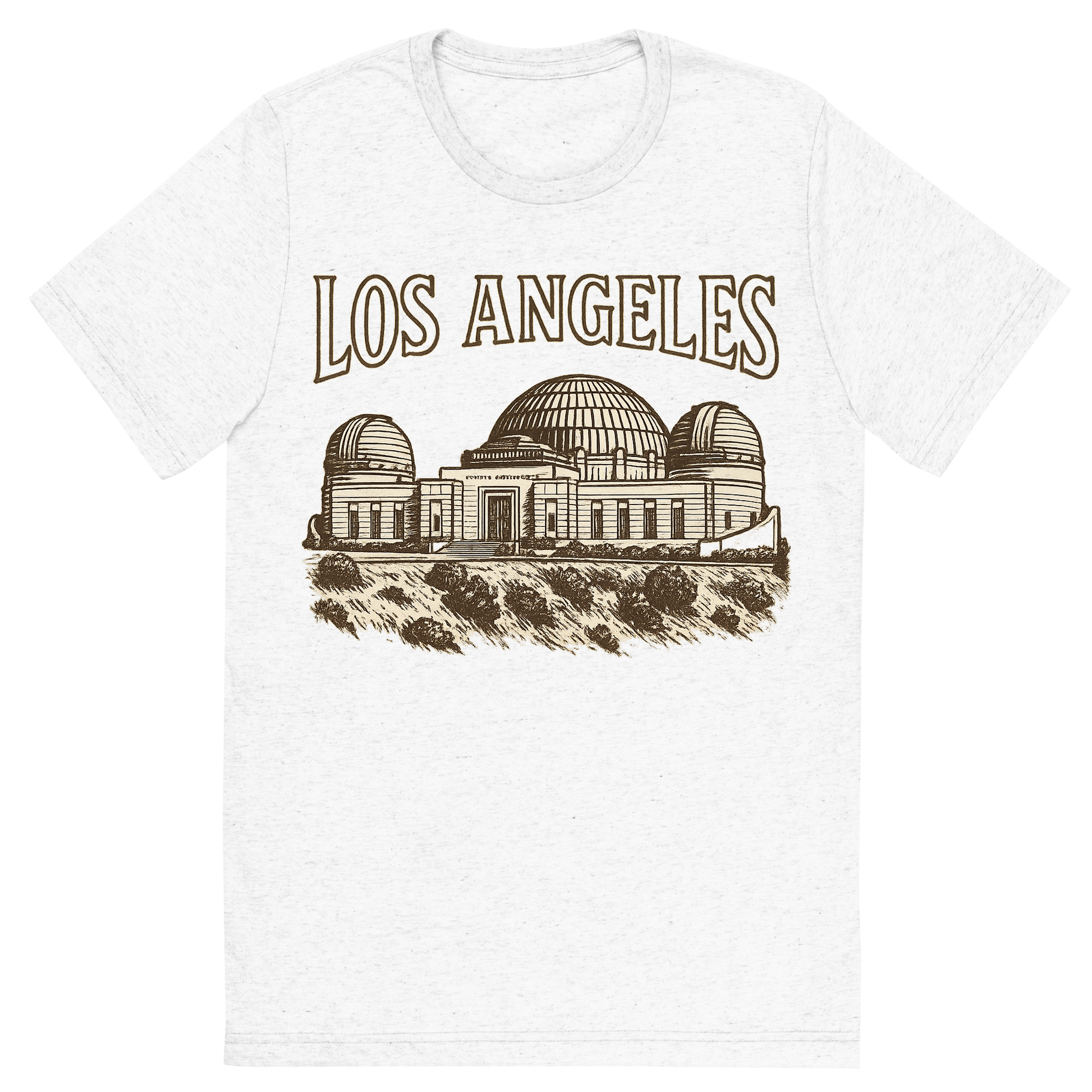 Front view of a Premium Tri-Blend Crew Neck T-Shirt in Solid White showing 'A typographic, nostalgic graphic of a typographic illustration of the words 'los angeles' with a vintage line art drawing of the griffith observatory'