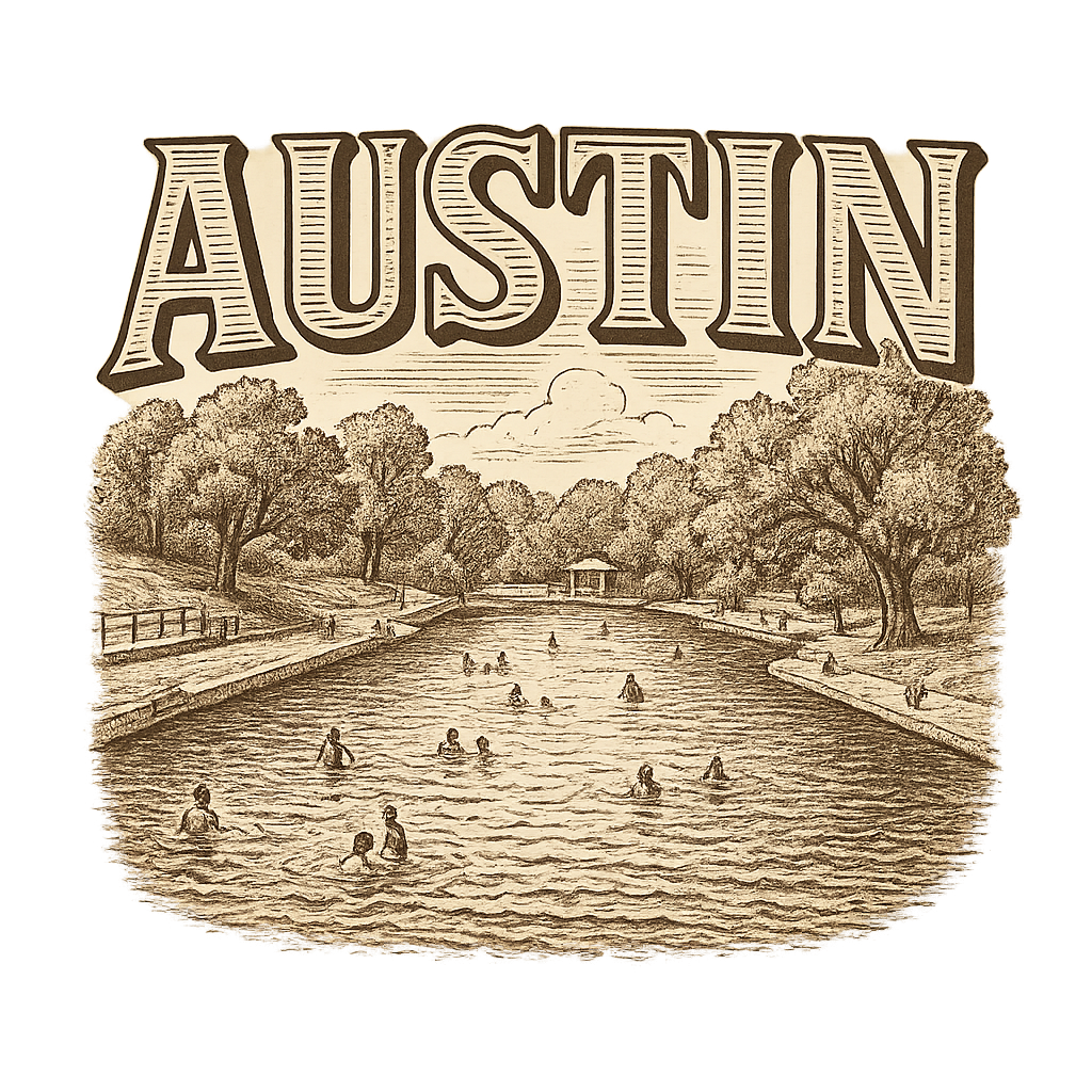 A typographic, nostalgic graphic of a typographic illustration of the words 'austin' with a vintage line art drawing of the barton springs pool – a t-shirt design