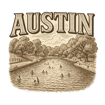 A typographic, nostalgic graphic of a typographic illustration of the words 'austin' with a vintage line art drawing of the barton springs pool – a t-shirt design