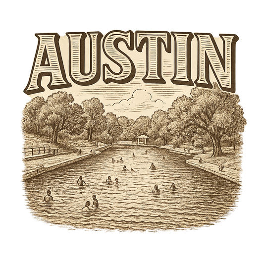 A typographic, nostalgic graphic of a typographic illustration of the words 'austin' with a vintage line art drawing of the barton springs pool – a t-shirt design