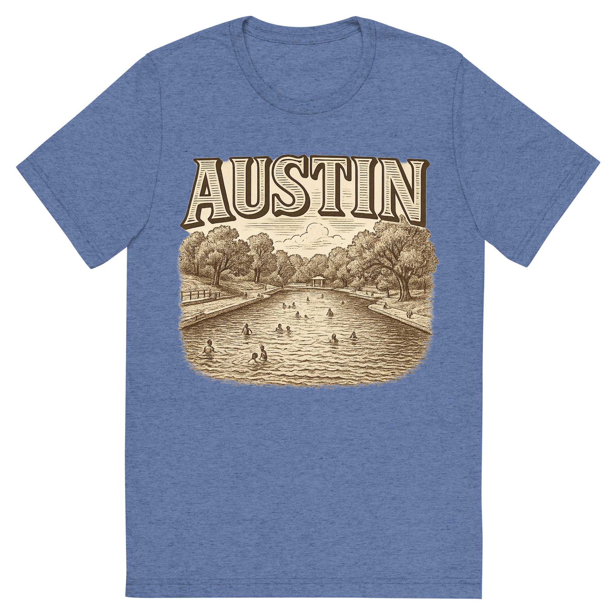 Front view of a Premium Tri-Blend Crew Neck T-Shirt in Blue showing 'A typographic, nostalgic graphic of a typographic illustration of the words 'austin' with a vintage line art drawing of the barton springs pool'