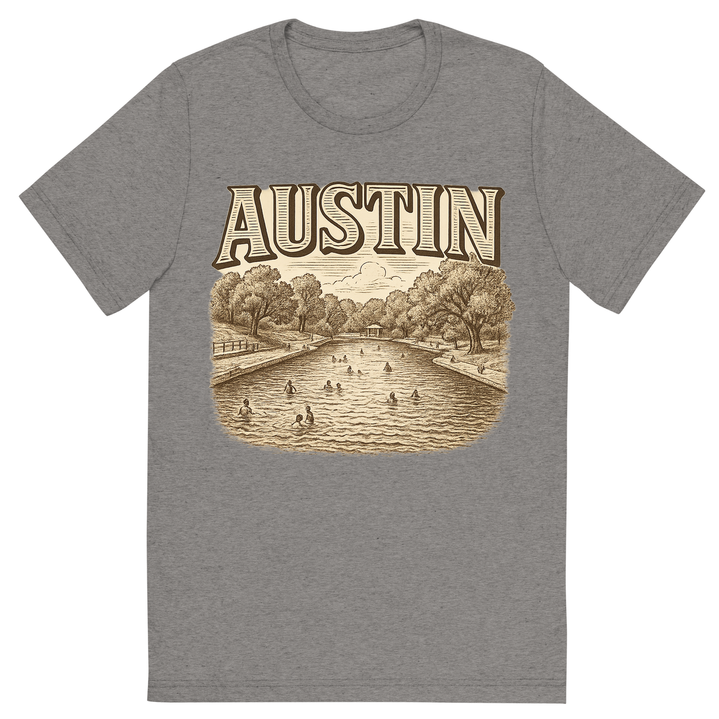 Front view of a Premium Tri-Blend Crew Neck T-Shirt in Grey showing 'A typographic, nostalgic graphic of a typographic illustration of the words 'austin' with a vintage line art drawing of the barton springs pool'