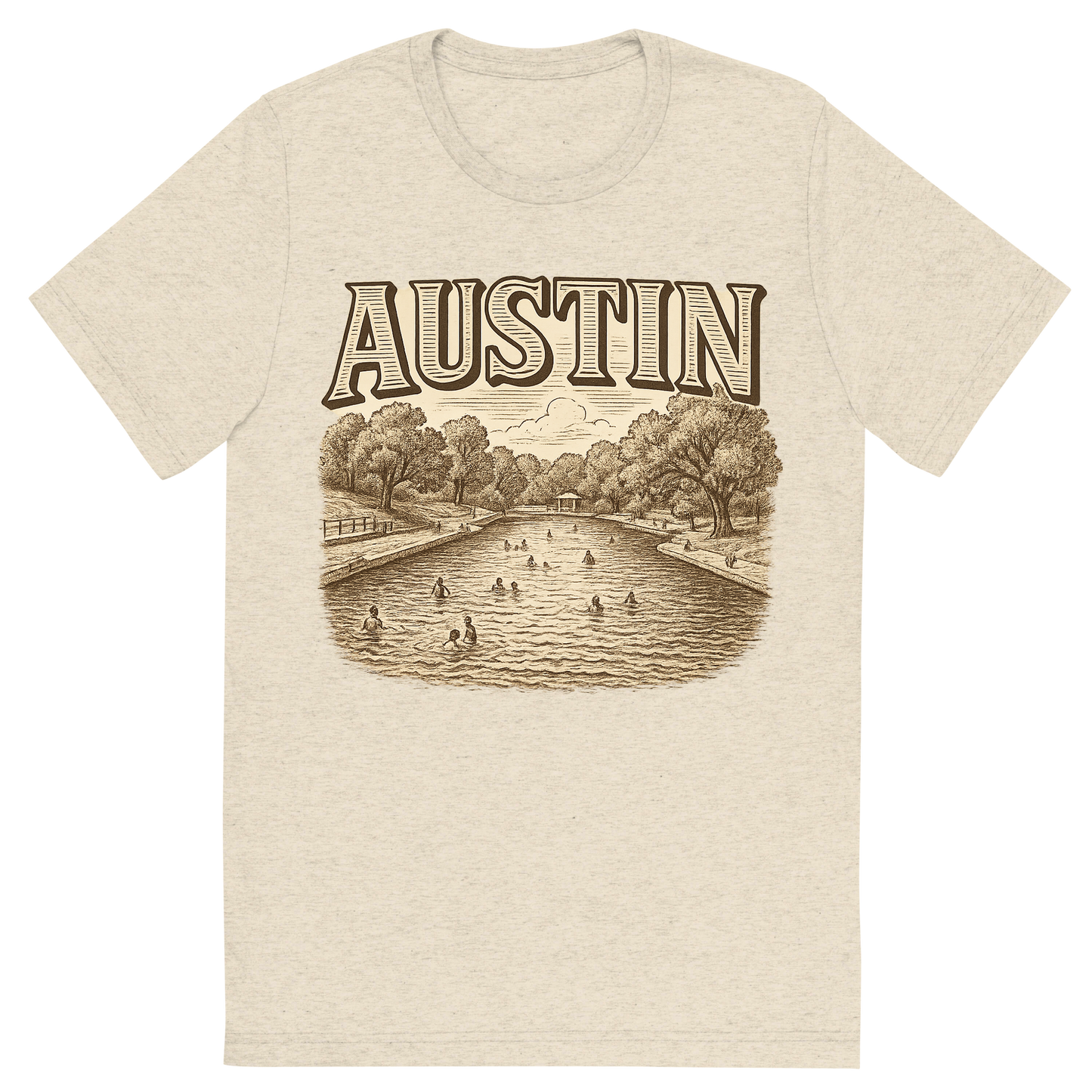 Front view of a Premium Tri-Blend Crew Neck T-Shirt in Oatmeal showing 'A typographic, nostalgic graphic of a typographic illustration of the words 'austin' with a vintage line art drawing of the barton springs pool'
