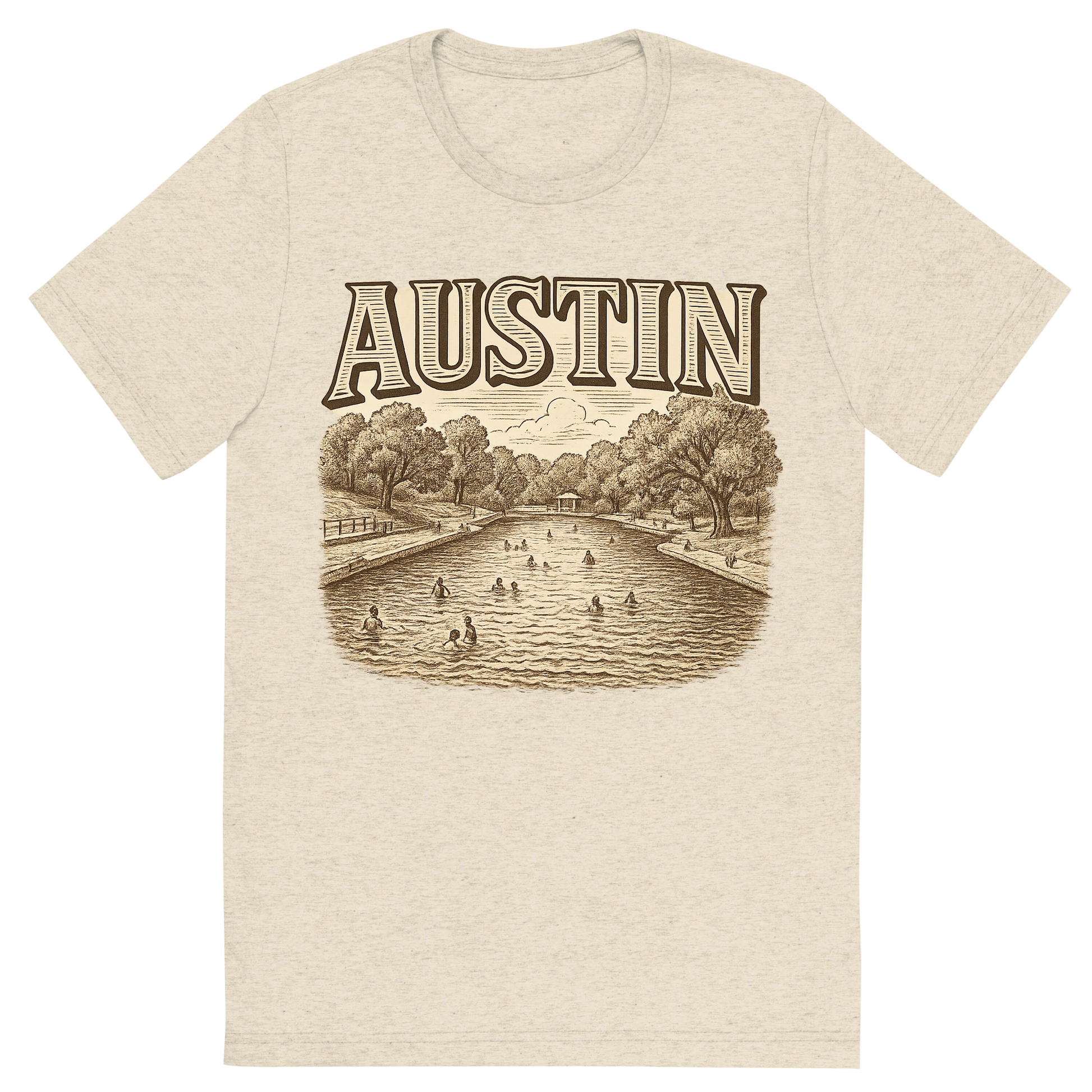 Front view of a Premium Tri-Blend Crew Neck T-Shirt in Oatmeal showing 'A typographic, nostalgic graphic of a typographic illustration of the words 'austin' with a vintage line art drawing of the barton springs pool'