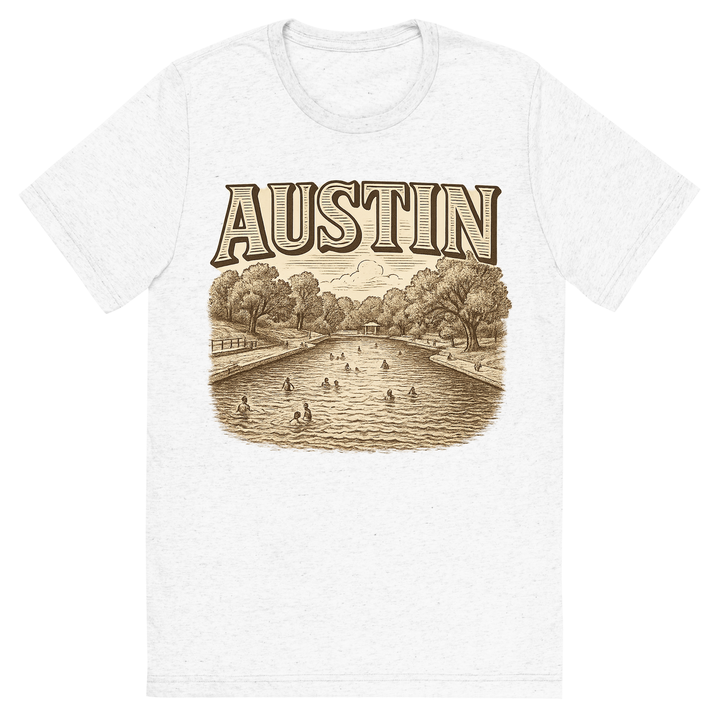 Front view of a Premium Tri-Blend Crew Neck T-Shirt in Solid White showing 'A typographic, nostalgic graphic of a typographic illustration of the words 'austin' with a vintage line art drawing of the barton springs pool'