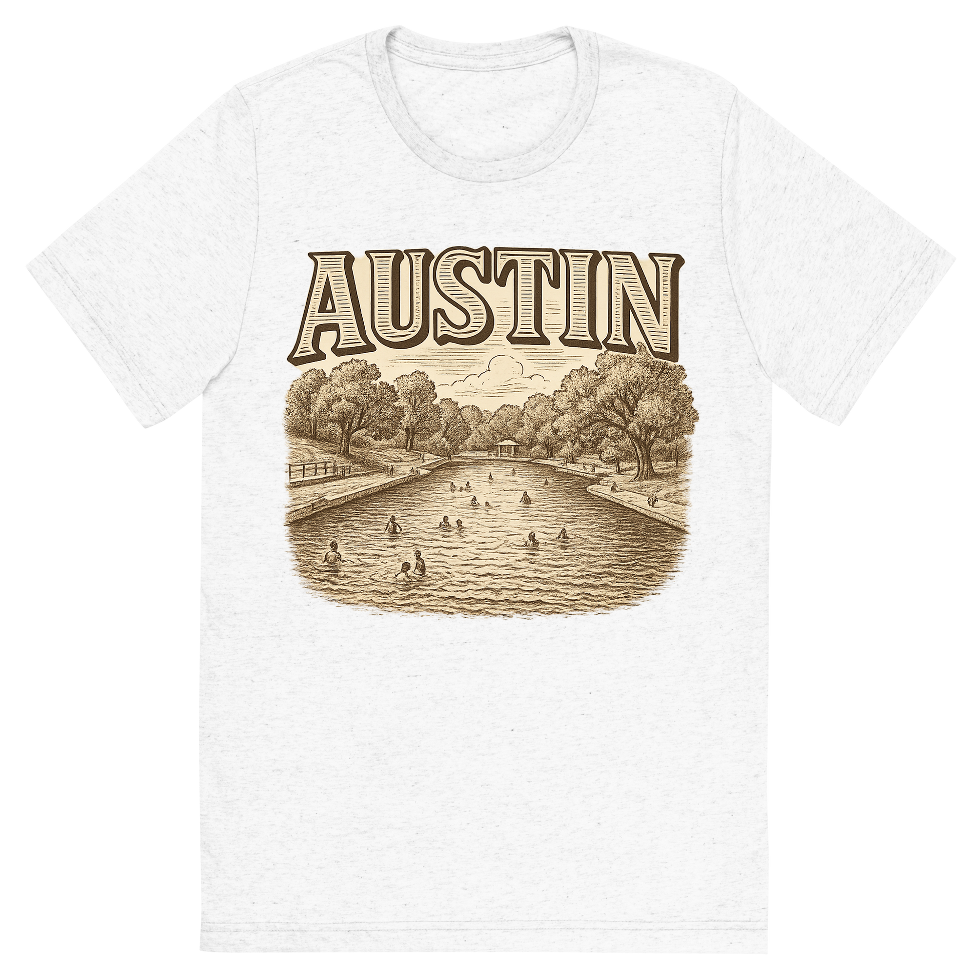 Front view of a Premium Tri-Blend Crew Neck T-Shirt in Solid White showing 'A typographic, nostalgic graphic of a typographic illustration of the words 'austin' with a vintage line art drawing of the barton springs pool'