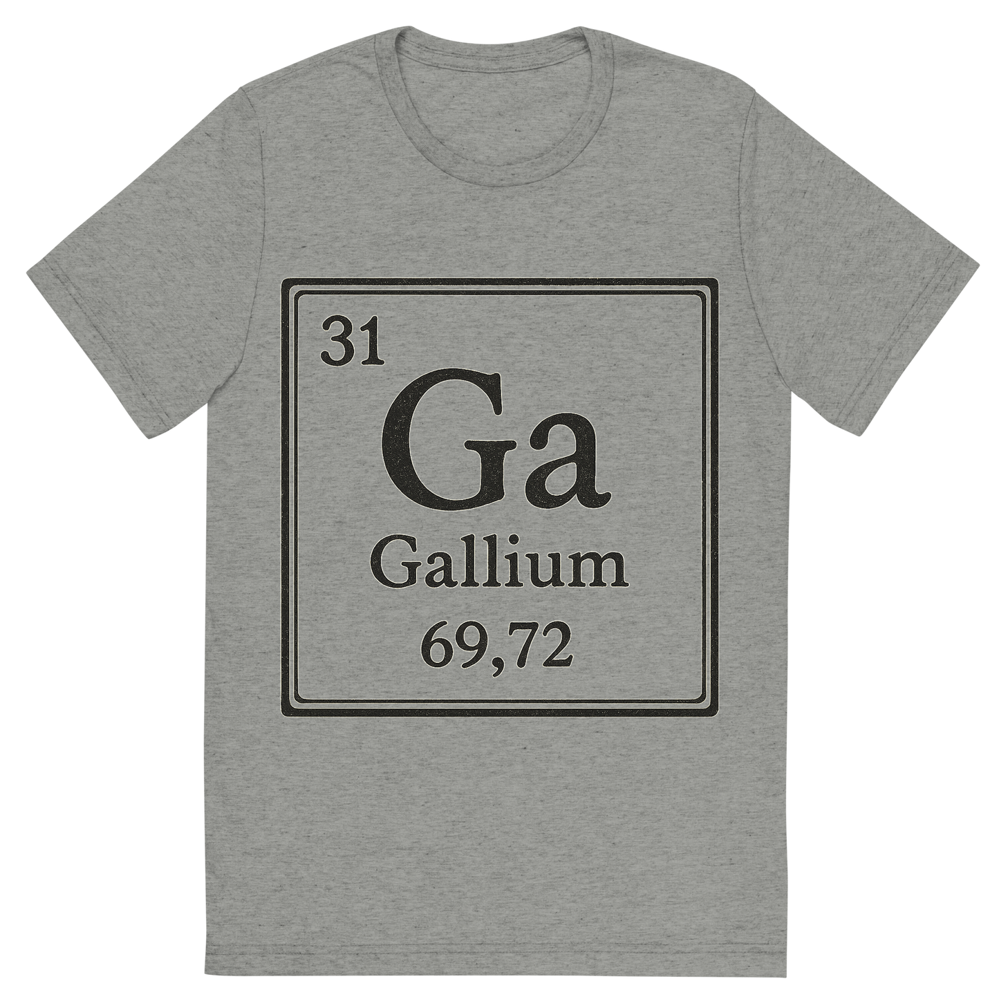 Front view of a Premium Tri-Blend Crew Neck T-Shirt in Athletic Grey showing 'A line art, nostalgic graphic of gallium's entry on the periodic table, use a dark color for the lines and text'
