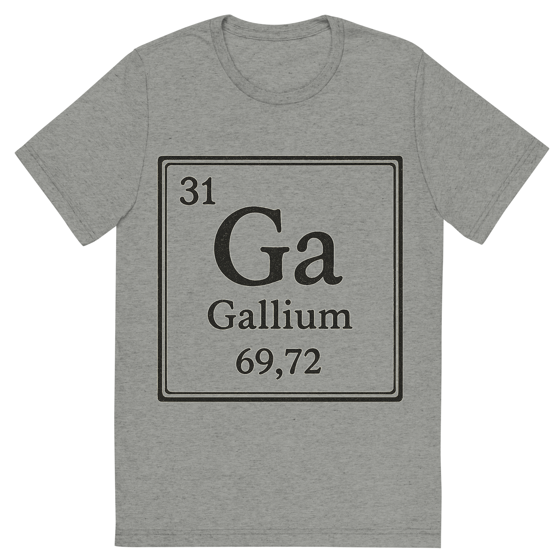 Front view of a Premium Tri-Blend Crew Neck T-Shirt in Athletic Grey showing 'A line art, nostalgic graphic of gallium's entry on the periodic table, use a dark color for the lines and text'