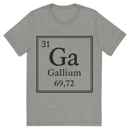 Front view of a Premium Tri-Blend Crew Neck T-Shirt in Athletic Grey showing 'A line art, nostalgic graphic of gallium's entry on the periodic table, use a dark color for the lines and text'