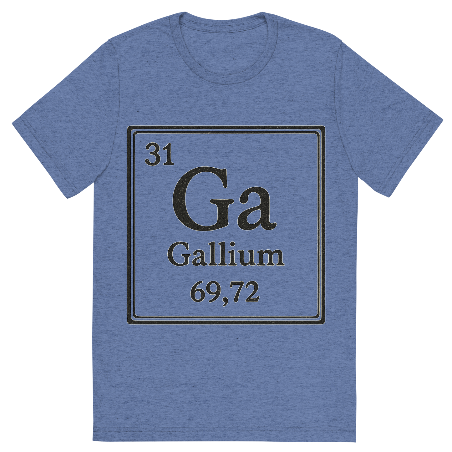 Front view of a Premium Tri-Blend Crew Neck T-Shirt in Blue showing 'A line art, nostalgic graphic of gallium's entry on the periodic table, use a dark color for the lines and text'