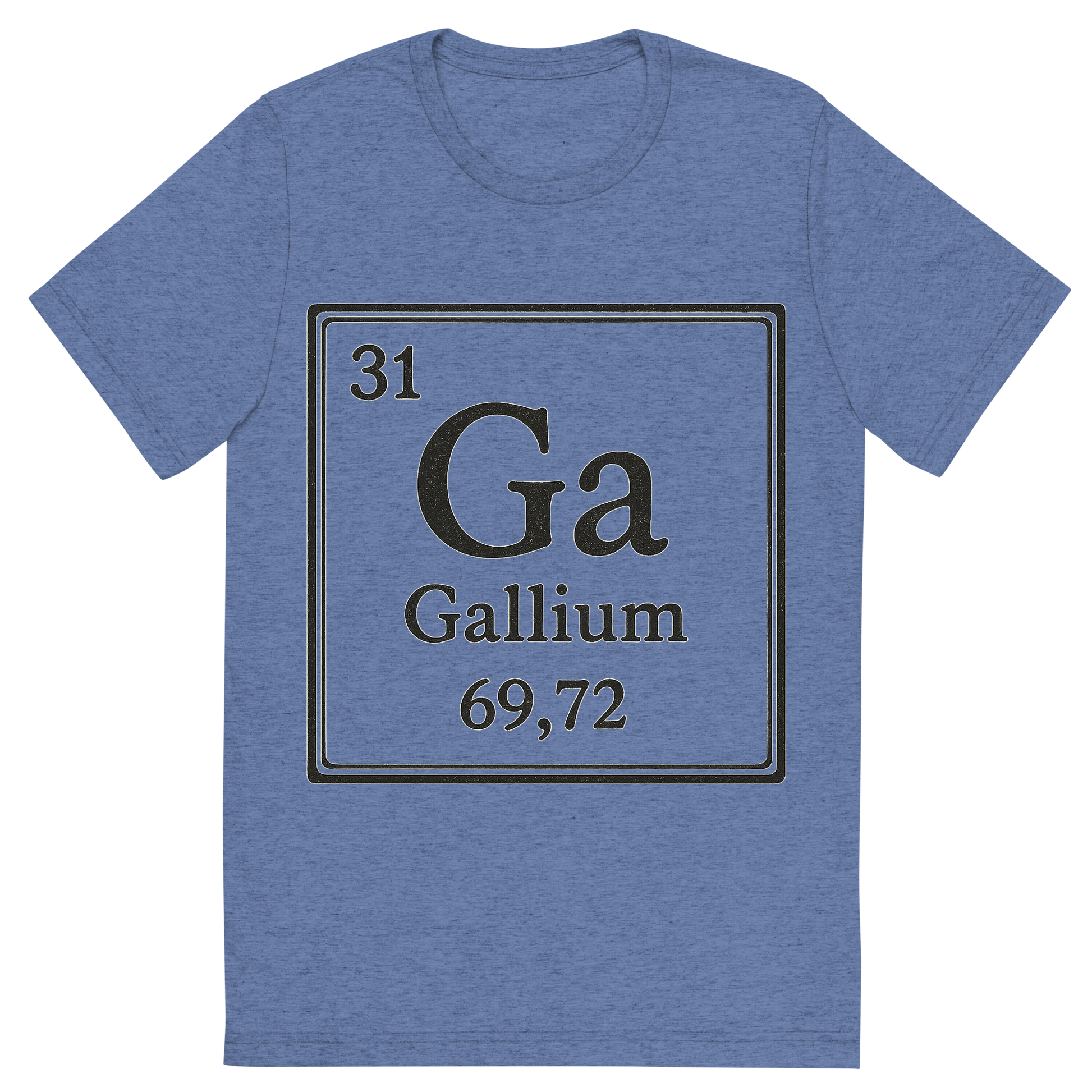 Front view of a Premium Tri-Blend Crew Neck T-Shirt in Blue showing 'A line art, nostalgic graphic of gallium's entry on the periodic table, use a dark color for the lines and text'