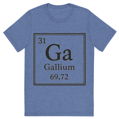 Front view of a Premium Tri-Blend Crew Neck T-Shirt in Blue showing 'A line art, nostalgic graphic of gallium's entry on the periodic table, use a dark color for the lines and text'