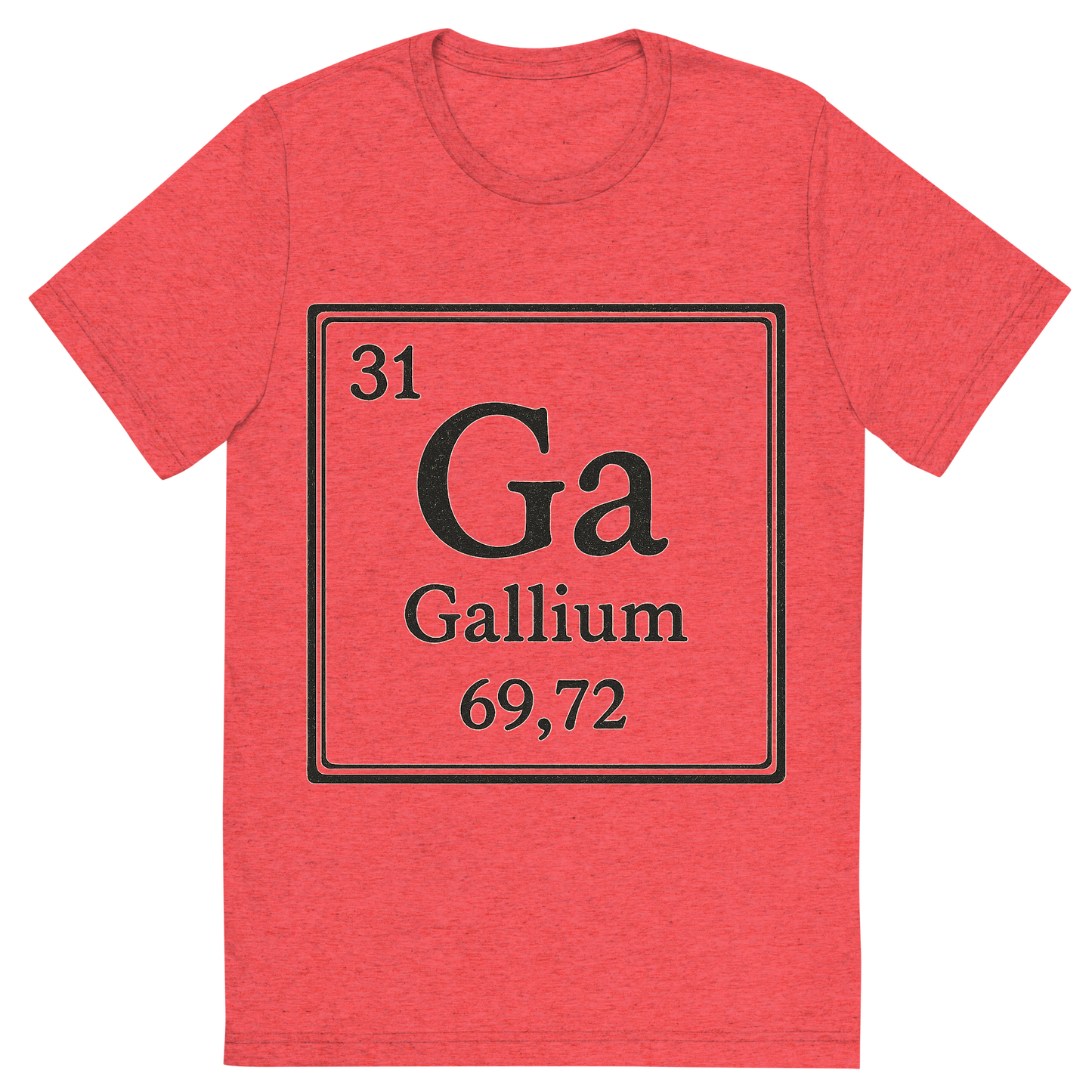 Front view of a Premium Tri-Blend Crew Neck T-Shirt in Red showing 'A line art, nostalgic graphic of gallium's entry on the periodic table, use a dark color for the lines and text'