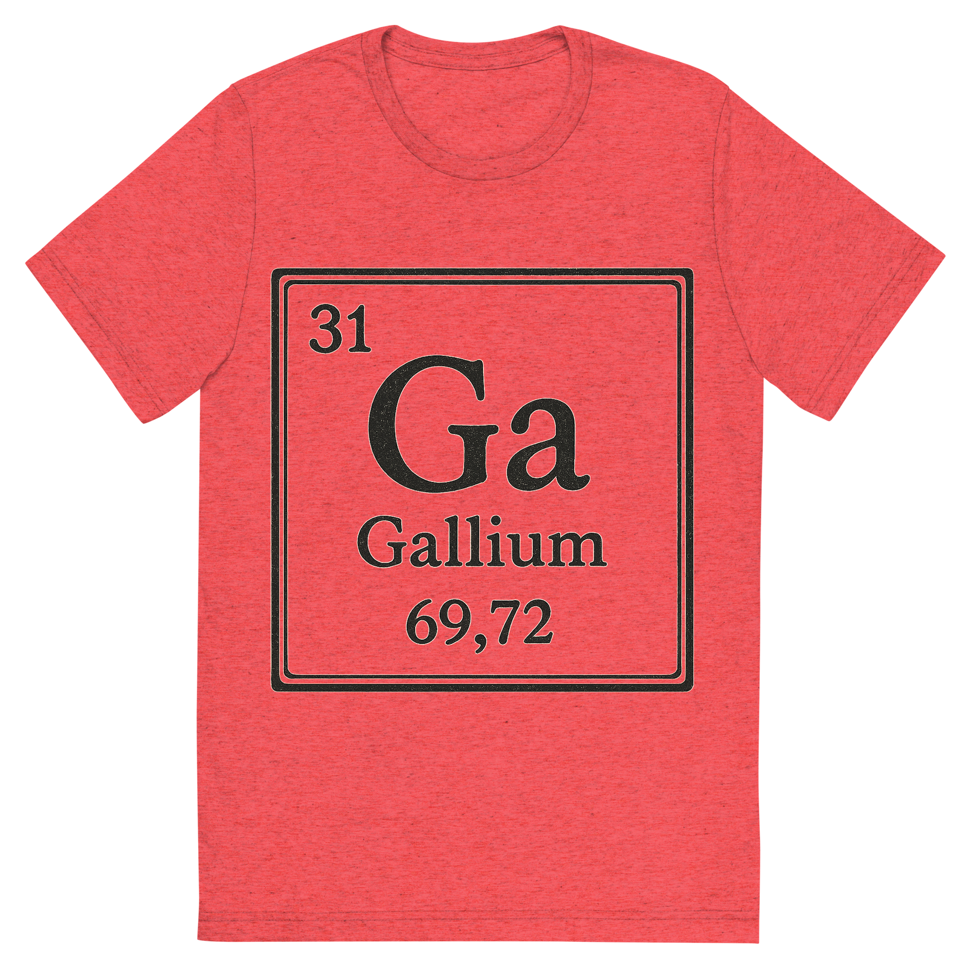 Front view of a Premium Tri-Blend Crew Neck T-Shirt in Red showing 'A line art, nostalgic graphic of gallium's entry on the periodic table, use a dark color for the lines and text'