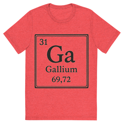 Front view of a Premium Tri-Blend Crew Neck T-Shirt in Red showing 'A line art, nostalgic graphic of gallium's entry on the periodic table, use a dark color for the lines and text'