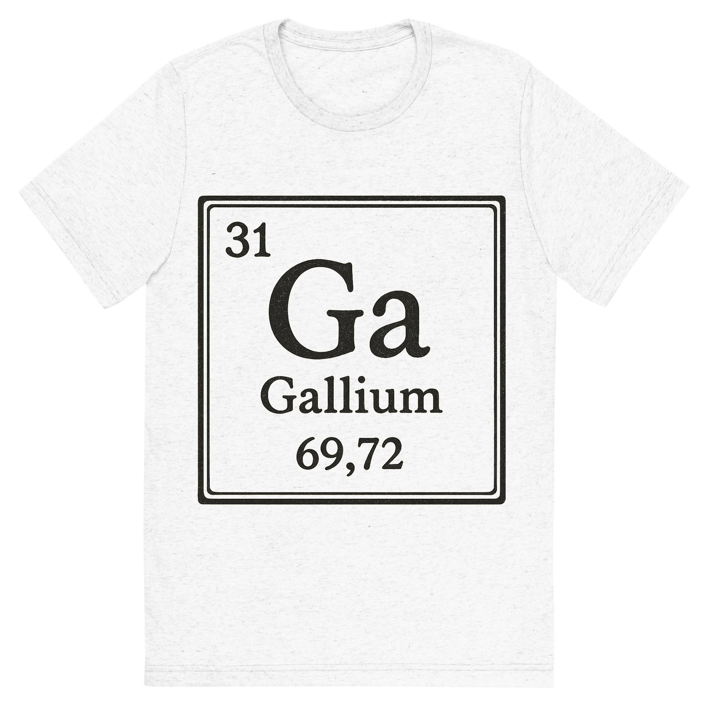 Front view of a Premium Tri-Blend Crew Neck T-Shirt in Solid White showing 'A line art, nostalgic graphic of gallium's entry on the periodic table, use a dark color for the lines and text'