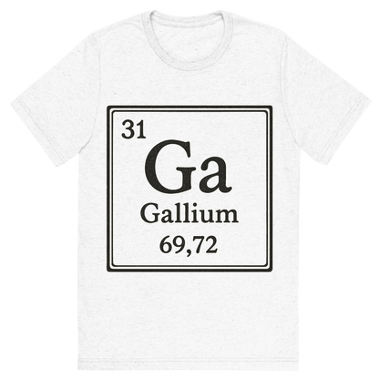 Front view of a Premium Tri-Blend Crew Neck T-Shirt in Solid White showing 'A line art, nostalgic graphic of gallium's entry on the periodic table, use a dark color for the lines and text'