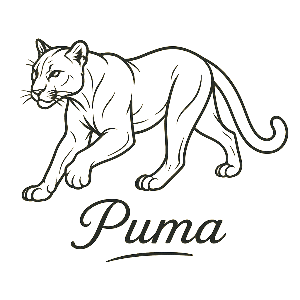 A flat, neutral graphic of a clean drawing of a puma in motion with smooth lines and strong build. “puma” appears in graceful script beneath. detailed ink illustration on a white background. - a t-shirt design