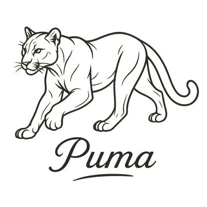 A flat, neutral graphic of a clean drawing of a puma in motion with smooth lines and strong build. “puma” appears in graceful script beneath. detailed ink illustration on a white background. - a t-shirt design