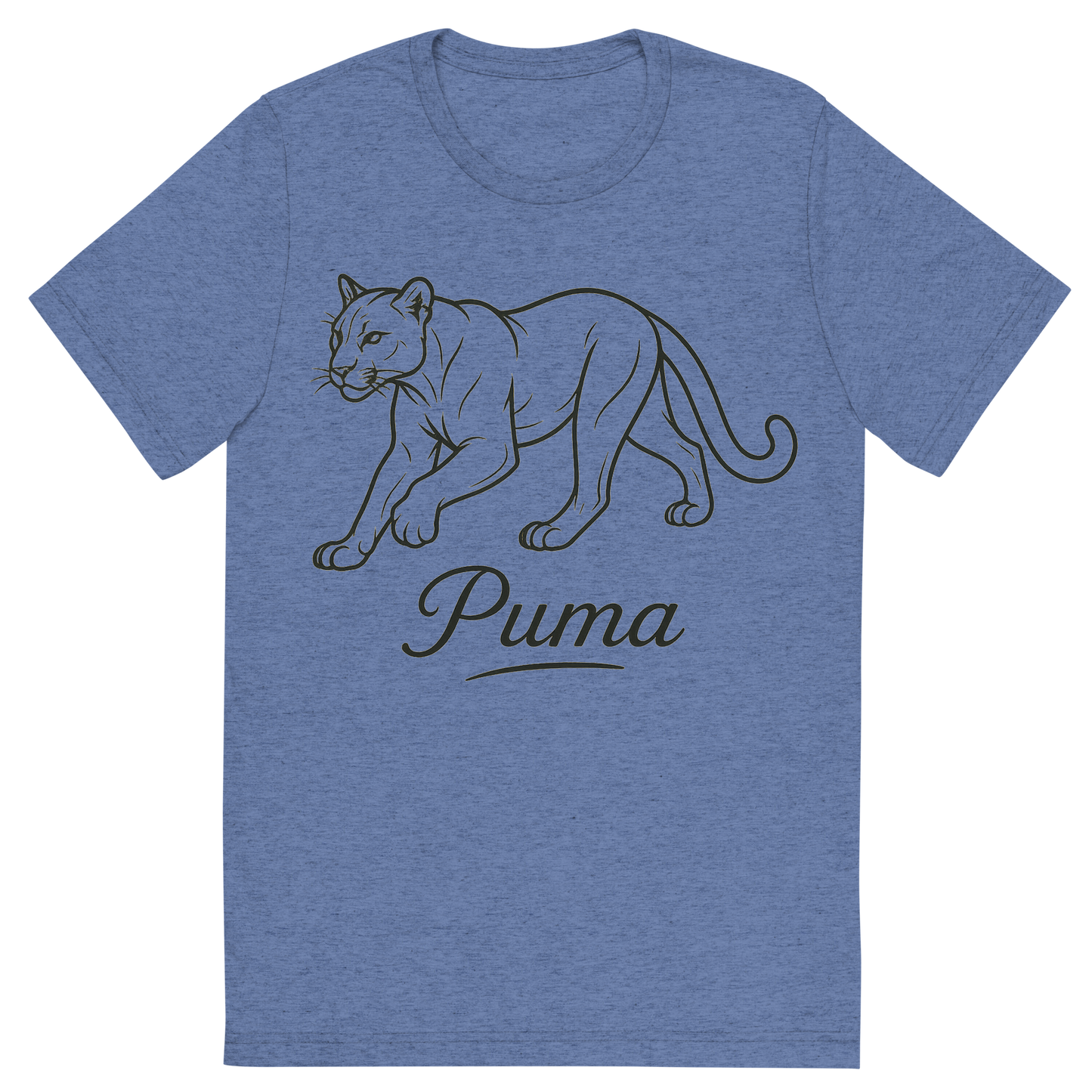 Front view of a Premium Tri-Blend Crew Neck T-Shirt in Blue showing 'A flat, neutral graphic of a clean drawing of a puma in motion with smooth lines and strong build. “puma” appears in graceful script beneath. detailed ink illustration on a white background.'