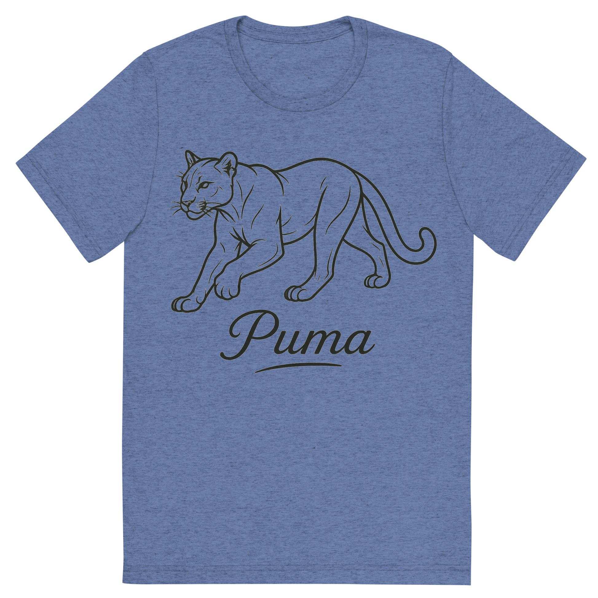 Front view of a Premium Tri-Blend Crew Neck T-Shirt in Blue showing 'A flat, neutral graphic of a clean drawing of a puma in motion with smooth lines and strong build. “puma” appears in graceful script beneath. detailed ink illustration on a white background.'