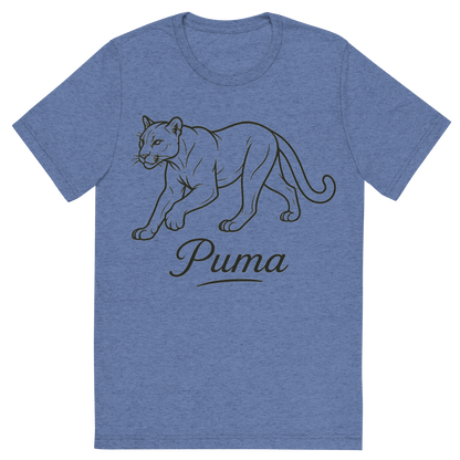 Front view of a Premium Tri-Blend Crew Neck T-Shirt in Blue showing 'A flat, neutral graphic of a clean drawing of a puma in motion with smooth lines and strong build. “puma” appears in graceful script beneath. detailed ink illustration on a white background.'