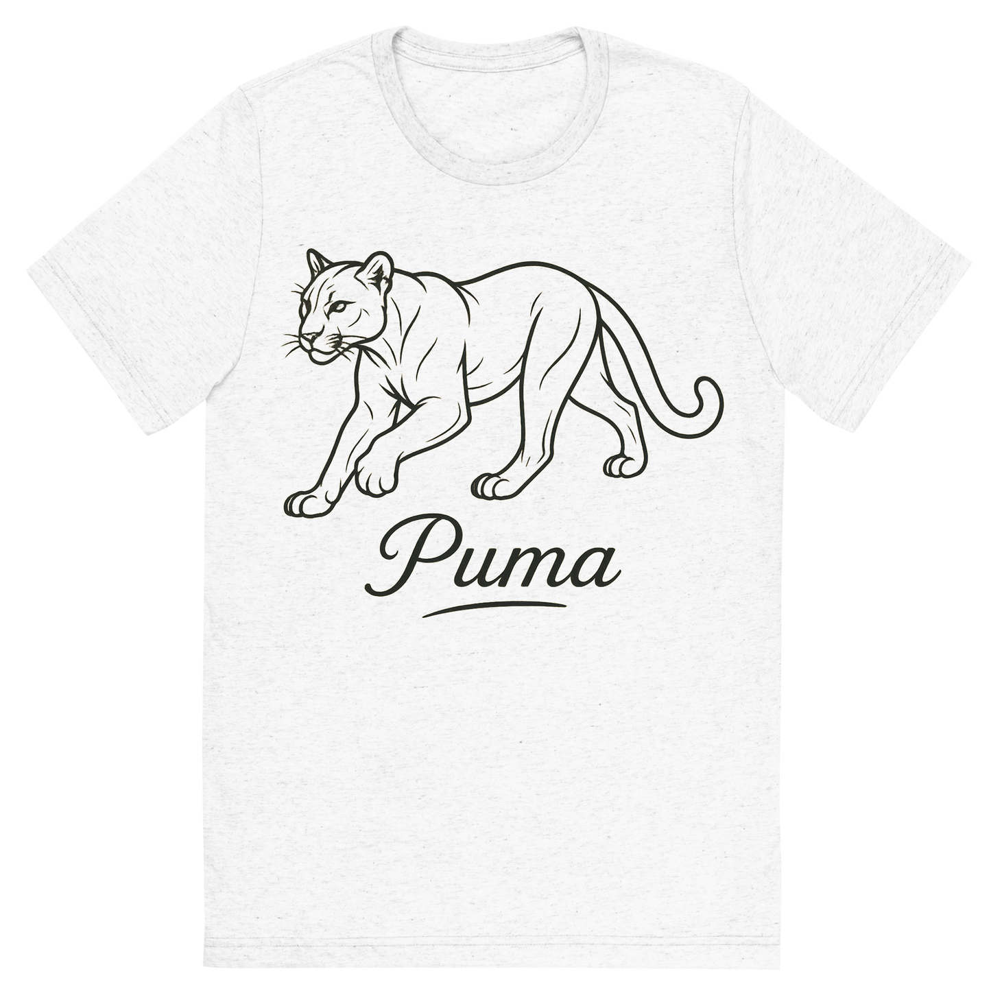 Front view of a Premium Tri-Blend Crew Neck T-Shirt in Solid White showing 'A flat, neutral graphic of a clean drawing of a puma in motion with smooth lines and strong build. “puma” appears in graceful script beneath. detailed ink illustration on a white background.'