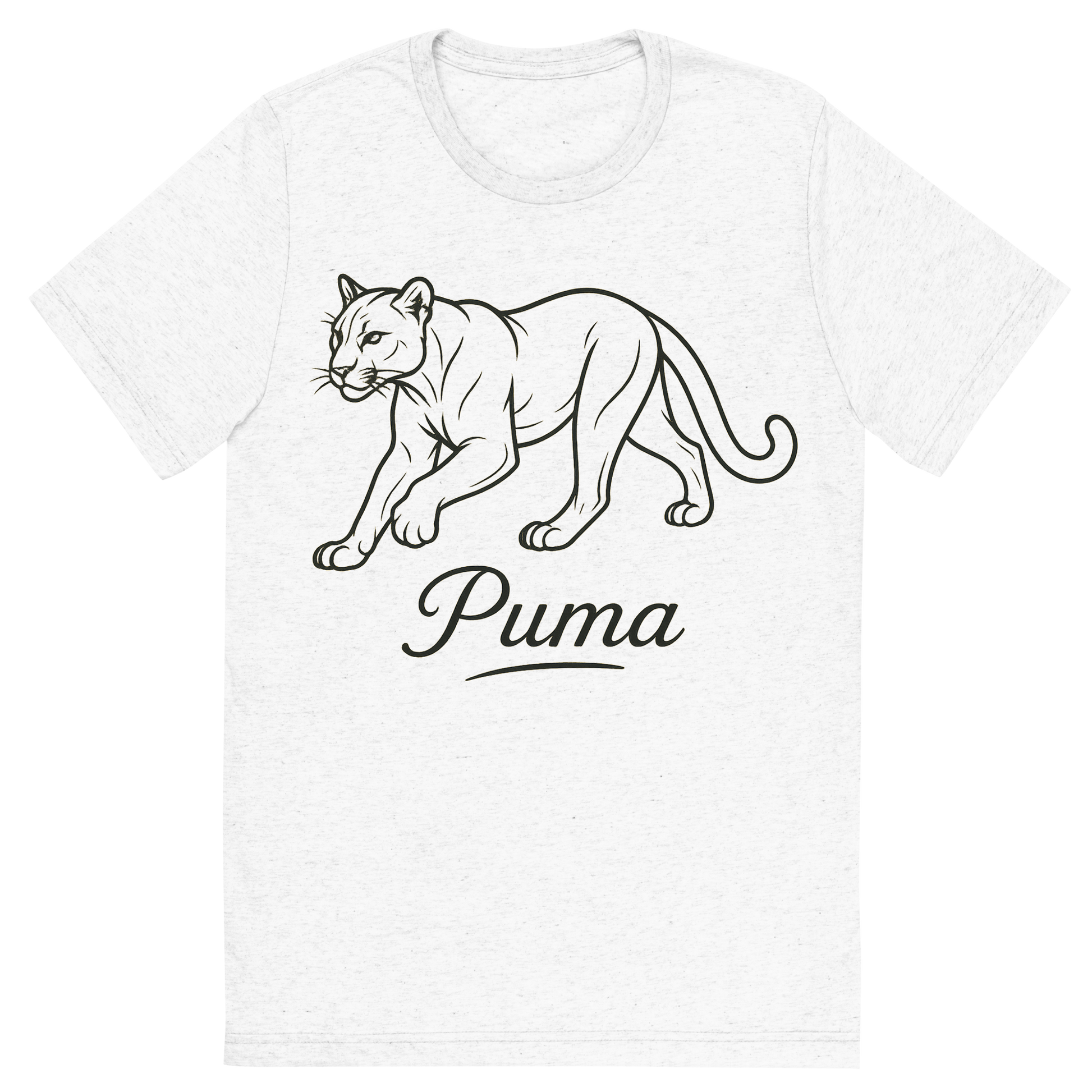 Front view of a Premium Tri-Blend Crew Neck T-Shirt in Solid White showing 'A flat, neutral graphic of a clean drawing of a puma in motion with smooth lines and strong build. “puma” appears in graceful script beneath. detailed ink illustration on a white background.'
