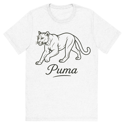 Front view of a Premium Tri-Blend Crew Neck T-Shirt in Solid White showing 'A flat, neutral graphic of a clean drawing of a puma in motion with smooth lines and strong build. “puma” appears in graceful script beneath. detailed ink illustration on a white background.'
