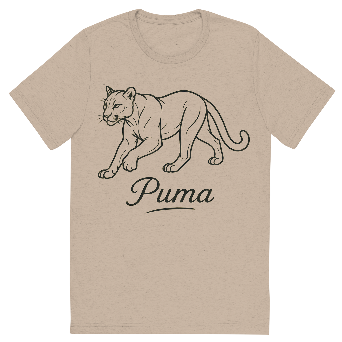 Front view of a Premium Tri-Blend Crew Neck T-Shirt in Tan showing 'A flat, neutral graphic of a clean drawing of a puma in motion with smooth lines and strong build. “puma” appears in graceful script beneath. detailed ink illustration on a white background.'