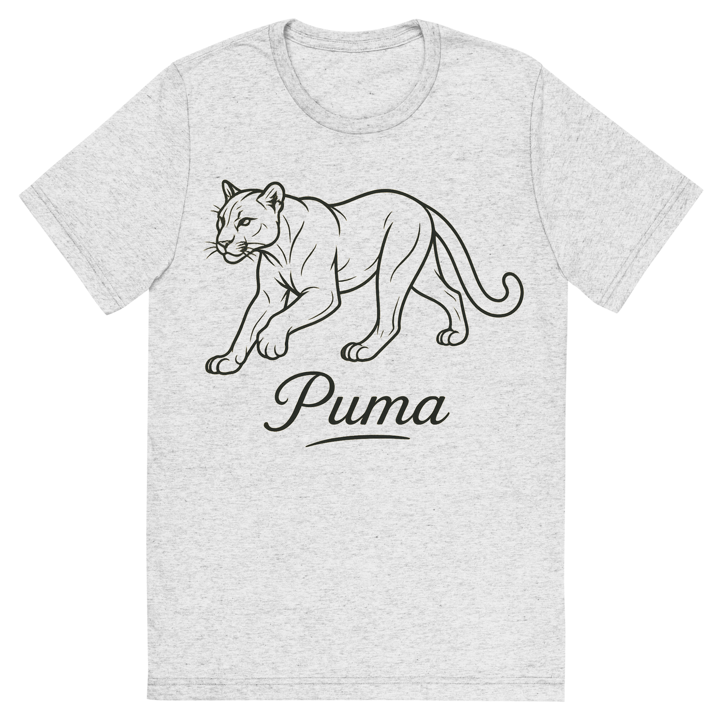 Front view of a Premium Tri-Blend Crew Neck T-Shirt in White Fleck showing 'A flat, neutral graphic of a clean drawing of a puma in motion with smooth lines and strong build. “puma” appears in graceful script beneath. detailed ink illustration on a white background.'