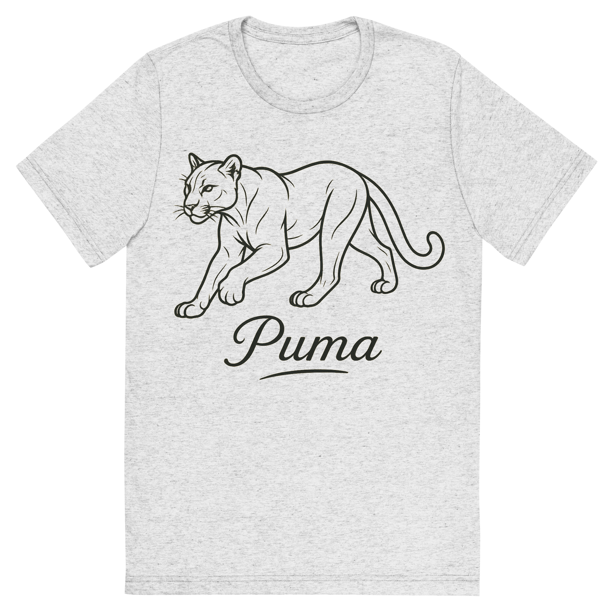 Front view of a Premium Tri-Blend Crew Neck T-Shirt in White Fleck showing 'A flat, neutral graphic of a clean drawing of a puma in motion with smooth lines and strong build. “puma” appears in graceful script beneath. detailed ink illustration on a white background.'