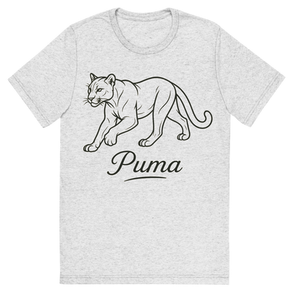 Front view of a Premium Tri-Blend Crew Neck T-Shirt in White Fleck showing 'A flat, neutral graphic of a clean drawing of a puma in motion with smooth lines and strong build. “puma” appears in graceful script beneath. detailed ink illustration on a white background.'