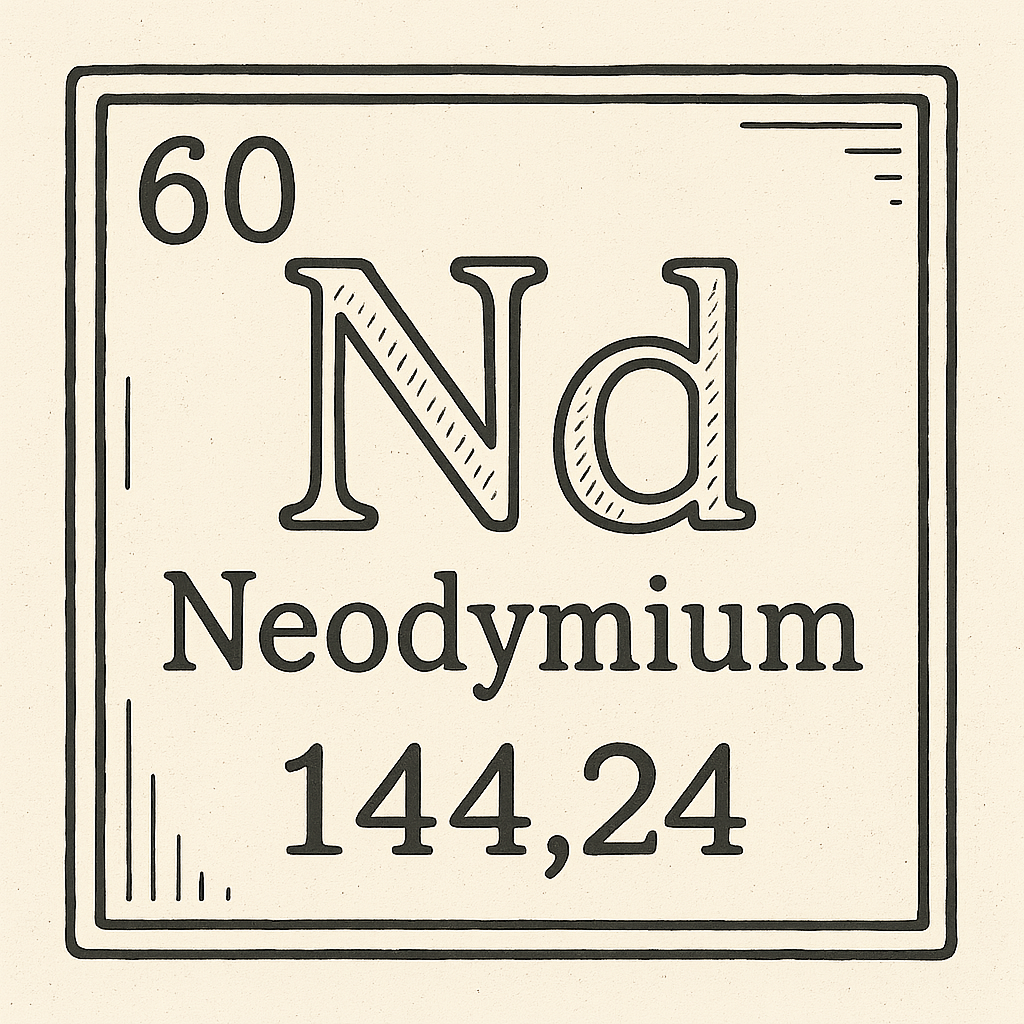 A line art, nostalgic graphic of neodymium's entry on the periodic table, use a dark color for the lines and text – a t-shirt design