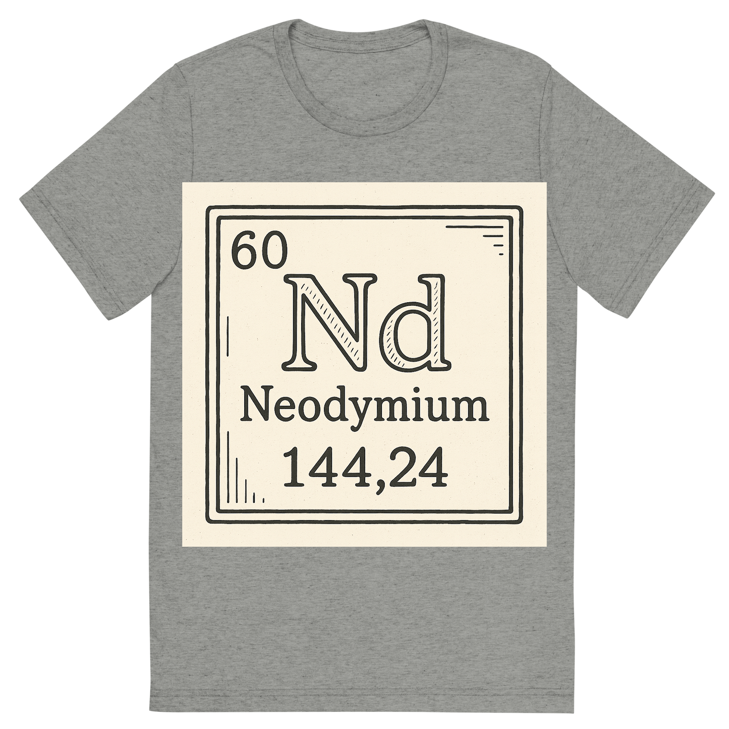 Front view of a Premium Tri-Blend Crew Neck T-Shirt in Athletic Grey showing 'A line art, nostalgic graphic of neodymium's entry on the periodic table, use a dark color for the lines and text'