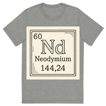 Front view of a Premium Tri-Blend Crew Neck T-Shirt in Athletic Grey showing 'A line art, nostalgic graphic of neodymium's entry on the periodic table, use a dark color for the lines and text'