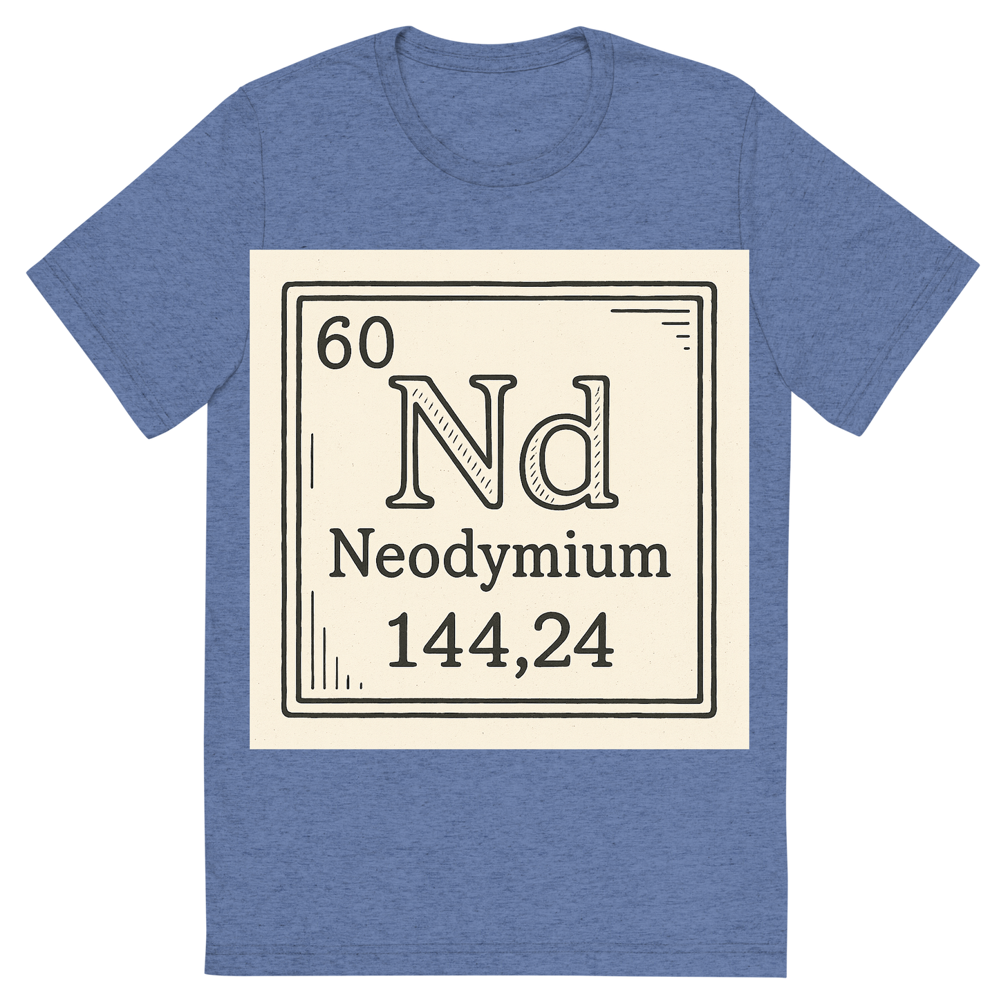 Front view of a Premium Tri-Blend Crew Neck T-Shirt in Blue showing 'A line art, nostalgic graphic of neodymium's entry on the periodic table, use a dark color for the lines and text'
