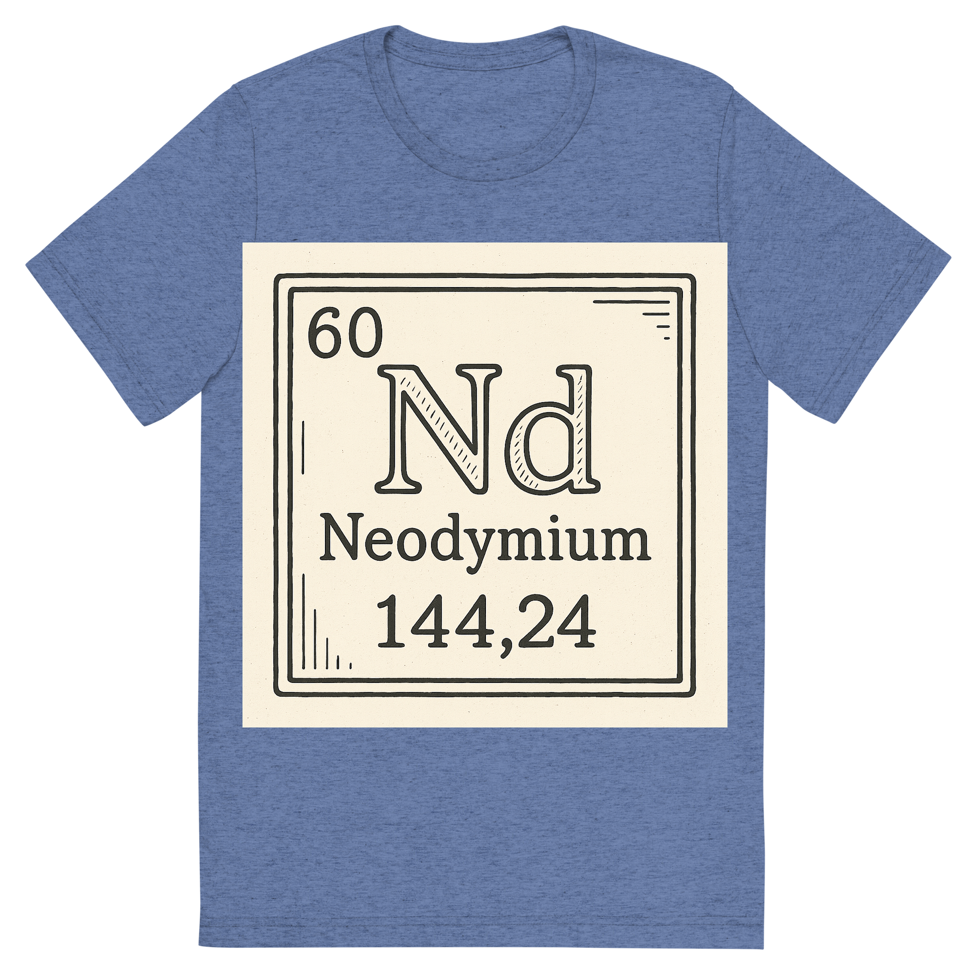 Front view of a Premium Tri-Blend Crew Neck T-Shirt in Blue showing 'A line art, nostalgic graphic of neodymium's entry on the periodic table, use a dark color for the lines and text'