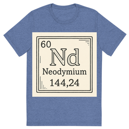 Front view of a Premium Tri-Blend Crew Neck T-Shirt in Blue showing 'A line art, nostalgic graphic of neodymium's entry on the periodic table, use a dark color for the lines and text'