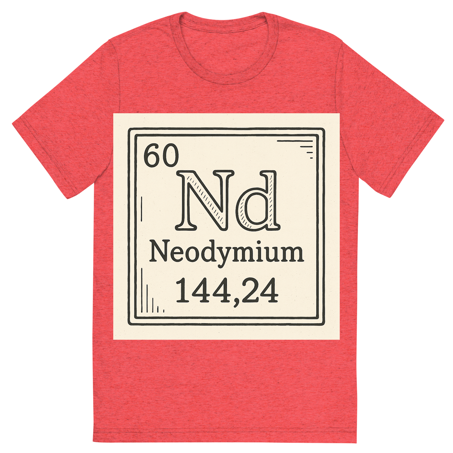 Front view of a Premium Tri-Blend Crew Neck T-Shirt in Red showing 'A line art, nostalgic graphic of neodymium's entry on the periodic table, use a dark color for the lines and text'