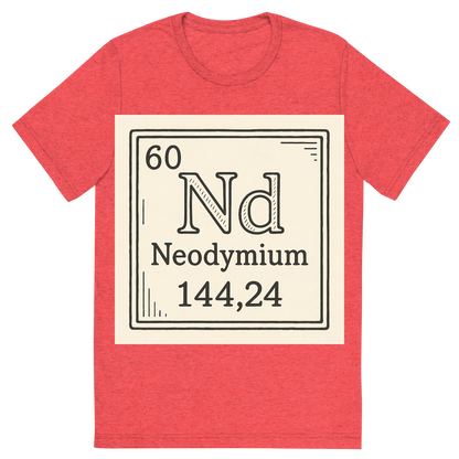 Front view of a Premium Tri-Blend Crew Neck T-Shirt in Red showing 'A line art, nostalgic graphic of neodymium's entry on the periodic table, use a dark color for the lines and text'