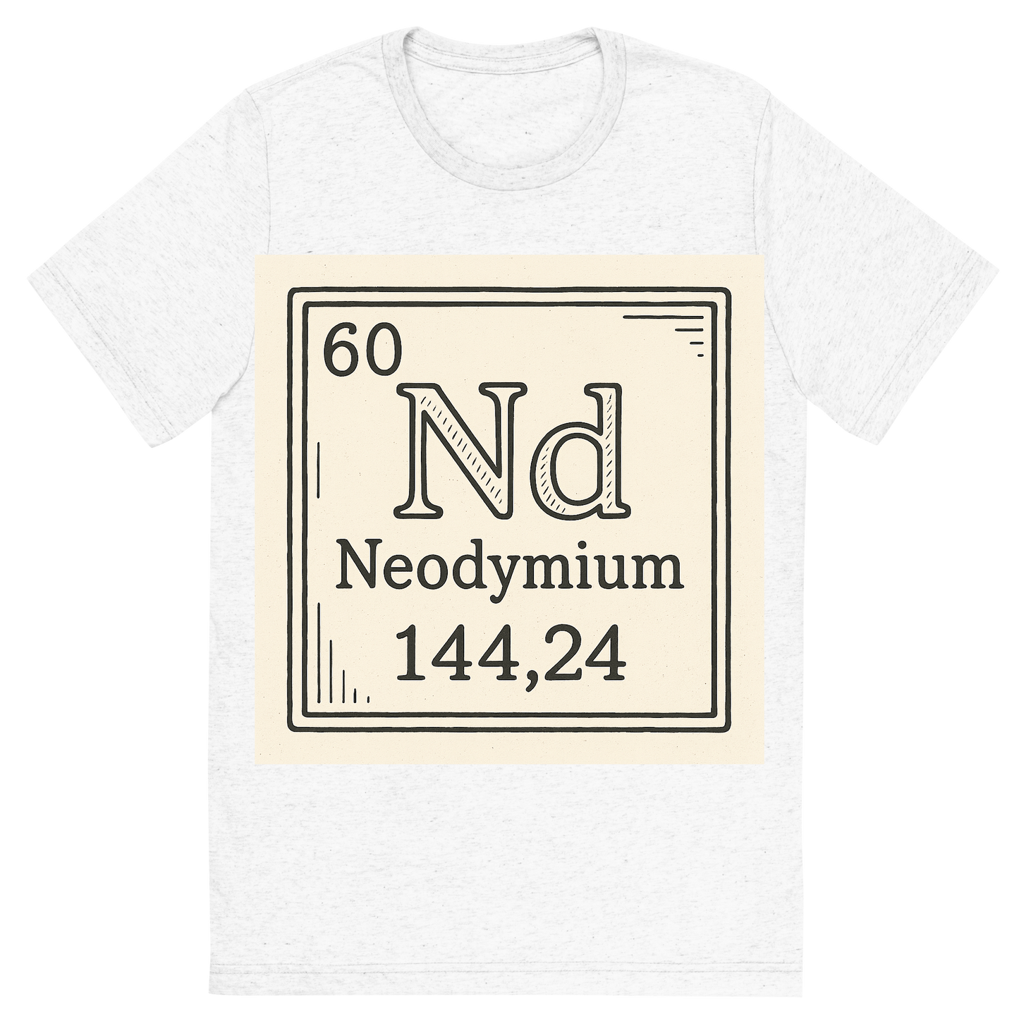Front view of a Premium Tri-Blend Crew Neck T-Shirt in Solid White showing 'A line art, nostalgic graphic of neodymium's entry on the periodic table, use a dark color for the lines and text'