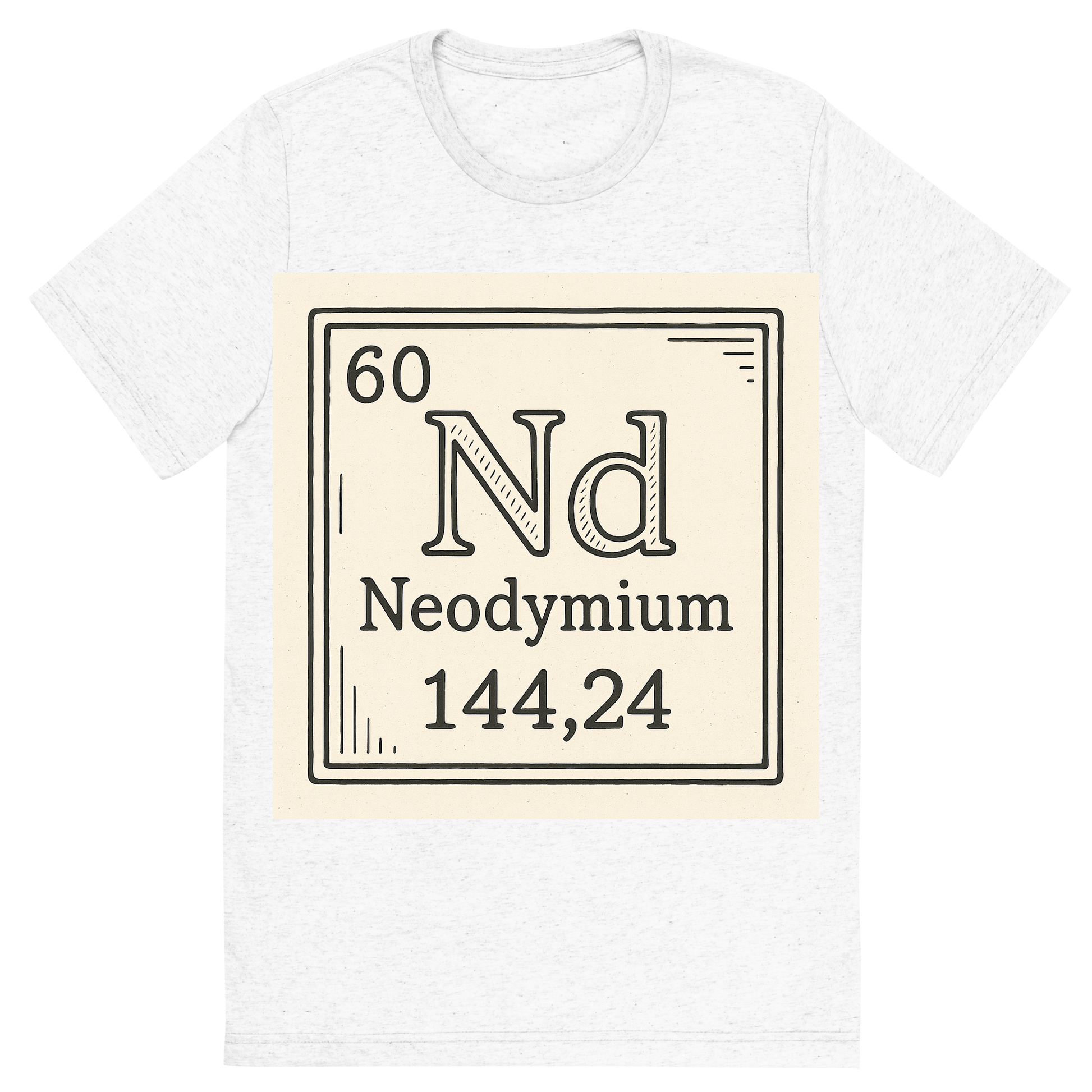 Front view of a Premium Tri-Blend Crew Neck T-Shirt in Solid White showing 'A line art, nostalgic graphic of neodymium's entry on the periodic table, use a dark color for the lines and text'