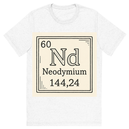 Front view of a Premium Tri-Blend Crew Neck T-Shirt in Solid White showing 'A line art, nostalgic graphic of neodymium's entry on the periodic table, use a dark color for the lines and text'
