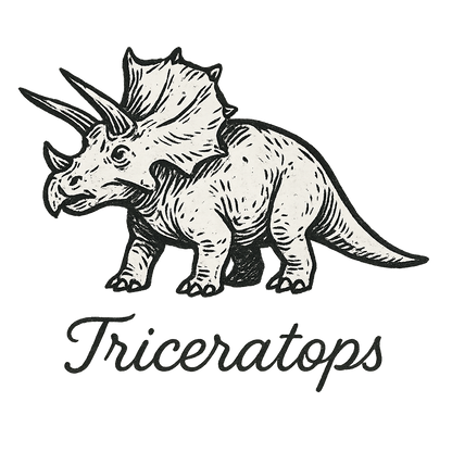 A flat, neutral graphic of a stylized sketch of a triceratops with three horns and a frilled head. “triceratops” appears in graceful cursive below. ink illustration on a white background. - a t-shirt design