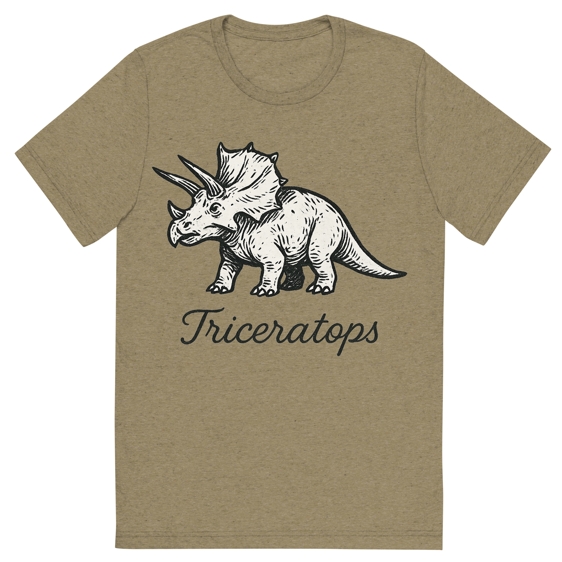 Front view of a Premium Tri-Blend Crew Neck T-Shirt in Olive showing 'A flat, neutral graphic of a stylized sketch of a triceratops with three horns and a frilled head. “triceratops” appears in graceful cursive below. ink illustration on a white background.'